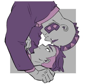 2boys closed_mouth commentary_request corbeau_(pokemon) eye_contact facial_hair glasses highres jacket layered_sleeves limited_palette long_sleeves looking_at_another male_focus mohawk multiple_boys nintendo no_eyewear philippe_(pokemon) pokemon pokemon_legends:_z-a profile short_hair smile suit_jacket undercut yaoi zfjsfg