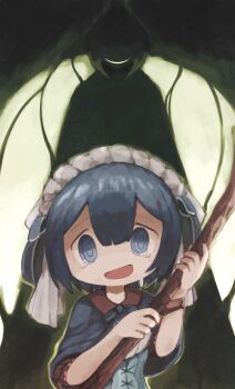 1boy 1girl absurdres blue_capelet blue_eyes blue_hair broom capelet corset highres holding holding_broom made_in_abyss maid_headdress maruruk open_mouth ozen pouch scared tearing_up tears trap yubrich