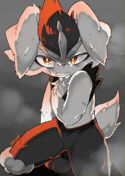 1other angry animal_nose arm_at_side artist_name backlighting body_fur bright_pupils chromatic_aberration cinderace clenched_teeth defeat ears_down furry gen_8_pokemon grey_background hand_on_own_chest hand_up kneeling ku_korose! looking_at_viewer minamo_(minamoto_minamo) nintendo other_focus partially_colored pokemon pokemon_(creature) rabbit_ears rabbit_tail red_eyes red_fur red_hair short_hair short_tail signature solo steam steaming_body sweat tail teeth v-shaped_eyebrows white_pupils