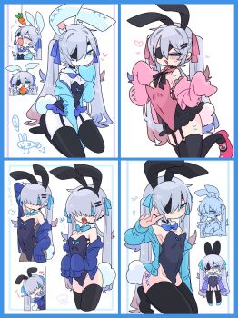 1boy :/ :3 :o animal animal_ear_fluff animal_ear_hairband animal_ears arched_back arm_behind_head arm_up armpit_crease bare_shoulders black_choker black_hairband black_leotard black_pantyhose black_ribbon black_skirt black_thighhighs blue_border blue_bow blue_bowtie blue_cardigan blue_eyes blue_hair blue_shoes blush border bow bowtie bra bulge cardigan carrot chest_tuft chibi choker colored_tips commentary_request covered_navel cowboy_shot crossdressing crossdressing_(mtf) detached_collar double-parted_bangs double_v earclip eating eyepatch fake_animal_ears fake_tail fangs fish flipped_hair frilled_leotard frills from_side full_body furrification furrowed_brow furry furry_male garter_straps hair_between_eyes hair_bow hair_intakes hair_over_one_eye hairband hand_up hands_up heart highleg highleg_leotard highres leaning_to_the_side leotard long_hair long_sleeves looking_at_viewer male_focus male_playboy_bunny miniskirt multicolored_hair multiple_views narrowed_eyes neck_ribbon no_nose no_shoes off_shoulder one_eye_covered op_na_yarou open_cardigan open_clothes open_mouth original pantyhose pink_bow pink_cardigan pink_leotard pink_shoes playboy_bunny quad_tails rabbit_boy rabbit_ear_hairband rabbit_ears rabbit_tail raised_inner_eyebrows red_hair ribbon rigel_(op_na_yarou) seiza shoes sidelocks simple_background sitting skirt sleeves_past_fingers sleeves_past_wrists standing standing_on_one_leg straight_hair strapless strapless_leotard sweat tail thighhighs thighs trap underwear upper_body v very_long_hair watermark white_background white_hair