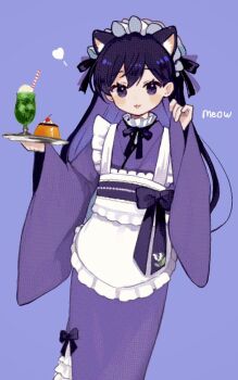 1girl :3 alternate_costume alternate_hair_color animal_ears black_eyes black_hair cat_ears cb_ge000 colored_inner_hair commentary double-parted_bangs drinking_straw enmaided fake_animal_ears full_body hair_between_eyes heart highres holding holding_tray long_hair long_sleeves maid maid_headdress mari_(faraway)_(omori) mari_(omori) multicolored_hair omori parted_lips pixel_art purple_background purple_hair solo symbol-only_commentary tray two-tone_hair