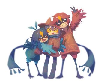 Rule 34 | 1boy, 1girl, 1other, 8osakana san8, :d, alula (oneshot), ambiguous gender, animal ears, beak, bird boy, bird girl, bird legs, blue hair, blue scarf, calamus (oneshot), closed eyes, colored sclera, commentary request, fake animal ears, feathers, full body, grin, hug from side, mask, niko (oneshot), oneshot (game), open mouth, orange sclera, oversized sweater, purple hair, red hair, scarf, smile, standing, v