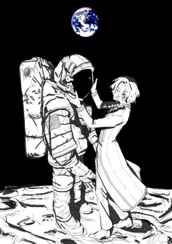 Rule 34 | 1boy, 1other, 3755km, alt text, astronaut, black background, braid, chaldea logo, chaldea staff uniform, closed mouth, coat, commentary request, earth (planet), fate/grand order, fate (series), from side, full body, hair between eyes, hands up, helmet, highres, long hair, long sleeves, looking at another, marisbury animusphere, on moon, outdoors, pants, planet, profile, shoes, simple background, single braid, smile, space helmet, spacesuit, spot color, standing, twitter username