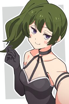 1girl black_dress black_gloves breasts choker closed_mouth collarbone commentary_request dress gloves green_hair highres looking_at_viewer noyama_takenoko o-ring o-ring_choker outline ponytail purple_eyes side_ponytail small_breasts smile sousou_no_frieren ubel_(sousou_no_frieren) upper_body white_outline