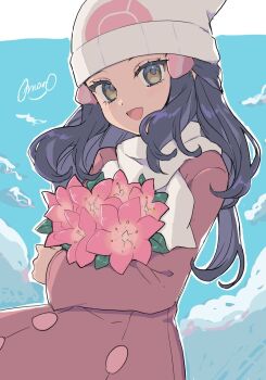 1girl :d beanie black_hair blue_sky border bouquet cloud coat commentary_request crossed_arms dawn_(pokemon) flower gracidea grey_eyes hair_ornament hairclip hat holding holding_bouquet long_hair looking_at_viewer mokorei nintendo open_mouth pink_coat pokemon pokemon_dppt pokemon_platinum scarf simple_background sky smile solo standing upper_body white_border white_hat white_scarf