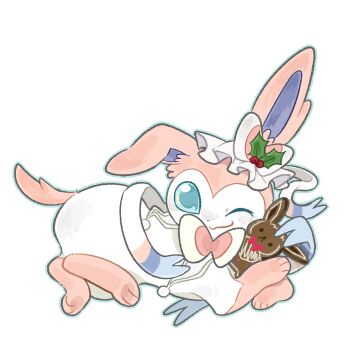:3 animal_focus blue_eyes blue_outline bow bowtie closed_mouth clothed_pokemon cookie ear_bow ear_ornament foreigner_(pixiv_119387446) full_body gen_6_pokemon happy hat holding_cookie holding_food holly hugging_object looking_at_viewer lying mob_cap nintendo no_humans on_stomach one_eye_closed outline pink_bow pink_bowtie pokemon pokemon_(creature) ribbon simple_background smile solo sylveon white_background white_hat white_ribbon