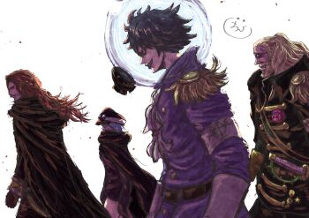 1girl 3boys armband black_cape black_eyes black_hair black_lips blonde_hair cape coat elbow_gloves epaulettes facial_hair figarland_shamrock fishbowl_helmet gloves goatee_stubble goggles goggles_on_head grey_hair grin gunko highres long_hair military_uniform multiple_boys mustache_stubble one_piece onepiece_banbi orange_hair purple_coat rimoshifu_killingham rogatywka shepherd_sommers short_hair smile stubble sunglasses sword weapon white_background