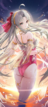1girl absurdres ahoge aqua_eyes ass bow carlotta_(splashing_summer)_(wuthering_waves) carlotta_(wuthering_waves) commentary_request curtained_hair earrings frilled_one-piece_swimsuit frills grey_hair hair_bow highres jewelry kuramoto_beta-carotene long_hair looking_at_viewer looking_back official_alternate_costume one-piece_swimsuit partial_commentary pink_bow pink_one-piece_swimsuit solo striped_bow swimsuit tacet_mark_(wuthering_waves) very_long_hair wading water_drop wuthering_waves