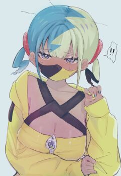 ! !! 1girl aqua_hair bandeau blonde_hair blue_eyes blue_nails blush breasts canari_(pokemon) cleavage collarbone commentary_request criss-cross_straps dark-skinned_female dark_skin highres jacket large_breasts long_sleeves looking_at_viewer mask mcmcusg mega_stone mouth_mask multicolored_hair multicolored_nails nintendo pokemon pokemon_legends:_z-a short_twintails simple_background solo speech_bubble split-color_hair spoken_exclamation_mark sports_bra twintails two-tone_hair two-tone_mask upper_body yellow_bandeau yellow_jacket yellow_mask yellow_nails yellow_sports_bra