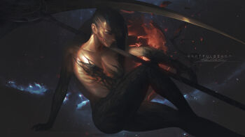 1girl artist_name black_background black_hair black_hands blue_eyes breasts closed_mouth colored_extremities commentary convenient_censoring crossed_legs english_commentary facial_scar feet_out_of_frame greek_mythology hair_over_one_eye highres knee_up lips long_hair looking_at_viewer medium_breasts multiple_scars nose original over_shoulder paul_nong scar scar_on_cheek scar_on_face scar_on_head scythe signature sitting solo star_(sky) starry_sky_background thanatos_(mythology) topless_female weapon weapon_over_shoulder