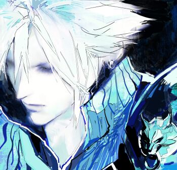 1boy absurdres armor black_background chest_strap closed_eyes closed_mouth cloud_strife earrings fenrir_(final_fantasy) final_fantasy final_fantasy_vii final_fantasy_vii_advent_children hair_between_eyes highres jewelry kyuu_vide male_focus pauldrons popped_collar short_hair shoulder_armor single_earring single_pauldron sketch solo spiked_hair upper_body vest white_hair