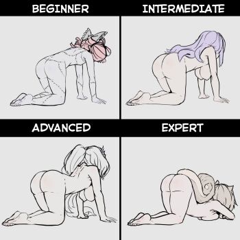 4girls all_fours animal_ears area_15 ass ayunda_risu barefoot beginner_intermediate_advanced_expert_(meme) breasts brown_hair completely_nude feet female_focus flat_chest full_body hanging_breasts highres hololive hololive_indonesia holoro kureiji_ollie large_breasts meme moona_hoshinova moral_cacoethes multiple_girls nude patchwork_skin pavolia_reine purple_hair red_hair simple_background small_breasts spot_color squirrel_ears squirrel_girl squirrel_tail stitches tail take_your_pick top-down_bottom-up virtual_youtuber zombie