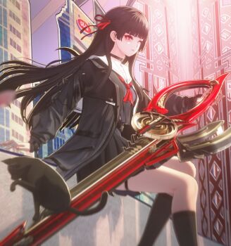 1girl black_cat black_choker black_hair black_jacket black_serafuku black_shirt black_skirt black_thighhighs blunt_bangs cat chisa_(wuthering_waves) choker closed_mouth commentary_request day holding jacket long_hair long_sleeves looking_at_viewer neckerchief nidaime_(doronbo) open_clothes open_jacket outdoors red_eyes red_neckerchief school_uniform serafuku shirt sitting skirt solo thigh_strap thighhighs very_long_hair wuthering_waves