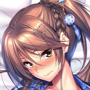 1girl amakano_~second_season~ bed_sheet blue_kimono blush braid brown_hair closed_mouth commentary_request cropped embarrassed eyes_visible_through_hair hair_between_eyes hair_ornament hairclip ichinose_honami_(amakano) japanese_clothes kimono looking_at_viewer lying official_art on_back piromizu solo yellow_eyes