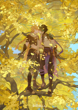 2boys absurdres aether_(genshin_impact) black_hair blonde_hair blush braid commentary english_commentary full_body genshin_impact green_hair hand_on_another&#039;s_back highres imminent_kiss instagram_username long_hair male_focus multicolored_hair multiple_boys on_tree remiilla short_hair standing twitter_username vk_username xiao_(genshin_impact) yaoi yellow_leaves