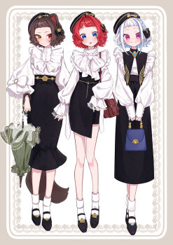 3girls 3znk :o absurdres alternate_costume alternate_hairstyle ange_katrina animal_ears bag banken_(inui_toko) black_bow black_hat black_shoes black_skirt blue_bag blue_eyes blue_hair blush border bow braid brown_bag brown_hair brown_tail closed_mouth closed_umbrella collar colored_inner_hair commentary_request dog_ears dog_girl dog_tail dot_nose floral_print floral_print_skirt fluffy_hair frilled_collar frilled_shirt frilled_sleeves frills full_body green_umbrella grey_border hair_bow hair_intakes handbag hat hat_over_one_ear high-waist_skirt highres inui_toko jewelry lace-trimmed_sleeves lace-trimmed_umbrella lace_trim lips lize_helesta long_skirt long_sleeves looking_at_viewer mary_janes matching_hairstyle matching_outfits medium_skirt miniskirt multicolored_hair multiple_girls necklace nijisanji ornate_border pearl_necklace pencil_skirt print_skirt puffy_long_sleeves puffy_sleeves raised_eyebrows red_eyes red_hair sanbaka_(nijisanji) shirt shoes short_bangs short_hair shoulder_bag side-by-side skirt sleeves_past_wrists smile socks standing straight-on streaked_hair tail two-tone_hair umbrella umbrella_on_arm virtual_youtuber white_background white_bow white_hair white_shirt white_socks yellow_eyes