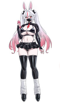 Rule 34 | 1girl, absurdres, animal ear fluff, animal ears, arm at side, belt, belt buckle, black belt, black bow, black bra, black panties, black shoes, black shrug, black skirt, black thighhighs, bow, bra, breasts, bright pupils, buckle, cellphone, collared shrug, commentary, commission, covered mouth, english commentary, fingernails, full body, gradient hair, grey hair, hair bow, hair intakes, hand up, heart, heart-shaped buckle, high-waist belt, highleg, highleg panties, highres, holding, holding phone, large breasts, latex, latex bra, latex shrug, latex skirt, latex thighhighs, leg warmers, long hair, long sleeves, looking at viewer, mask, microskirt, mouth mask, multicolored hair, nail polish, necktie, o-ring, o-ring bra, original, panties, phone, pink hair, rabbit ears, red eyes, red nails, red necktie, shoes, short necktie, shrug (clothing), simple background, skirt, skrillex li, smartphone, solo, standing, streaked hair, thigh belt, thigh strap, thighhighs, twintails, underwear, very long hair, white background, white leg warmers, white pupils, wing collar