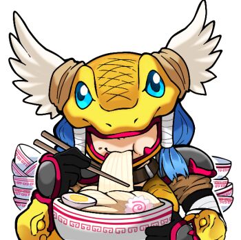 braid dclaret digimon digimon_(creature) eating food long_hair mask minervamon noodles ramen wings