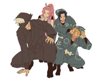 Rule 34 | 1girl, 3boys, black hair, black mask, black robe, black socks, blonde hair, blue robe, closed eyes, commentary request, douchi xo, facial mark, full body, furrowed brow, grey hair, hair over eyes, haruno sakura, hatake kakashi, headscarf, japan, korean commentary, long hair, mask, mouth mask, multiple boys, naruto (series), open mouth, parted bangs, pink hair, ponytail, robe, short hair, sketch, smile, socks, squatting, sweatdrop, uchiha sasuke, uzumaki naruto, whisker markings