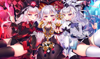 3girls black_dress black_pantyhose black_thighhighs blush breasts cleavage closed_mouth commentary_request crown dress duel_monster earrings heart heart_earrings highres jewelry large_breasts long_hair long_sleeves looking_at_viewer maliss_<q>_hearts_crypter maliss_<q>_red_ransom maliss_<q>_white_binder multiple_girls pantyhose pink_eyes queen red_skirt skirt suzunone_rena thighhighs very_long_hair white_dress white_hair yu-gi-oh!