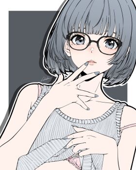 1girl bambi_surprise bra bra_peek bra_strap clothes_lift commentary english_commentary glasses grey_eyes grey_hair grey_nails grey_sweater highres lifting_own_clothes looking_at_viewer original pink_bra signature sleeveless sleeveless_sweater solo sweater sweater_lift underwear upper_body