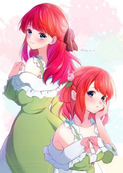 1girl absurdres aged_down bare_shoulders blue_eyes blush bow closed_mouth collarbone dress dual_persona flower frilled_dress frills green_dress hair_bow hair_flower hair_ornament hair_ribbon hand_on_own_cheek hand_on_own_face highres long_hair long_sleeves looking_at_viewer looking_back medium_hair multiple_girls off_shoulder pink_bow rain_re_a re:zero_kara_hajimeru_isekai_seikatsu red_hair ribbon smile theresia_van_astrea twitter_username