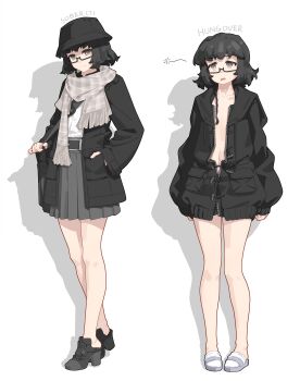 1girl absurdres bag black_bag black_eyes black_hair black_hat black_jacket black_shoes commentary drunk english_commentary english_text full_body glasses grey_scarf grey_slippers hand_in_pocket hat highres jacket looking_at_viewer medium_hair multiple_views naked_jacket open_clothes open_jacket original plaid_clothes plaid_scarf rectangular_eyewear scarf shadow shoes shoulder_bag simple_background slippers vectorek white_background