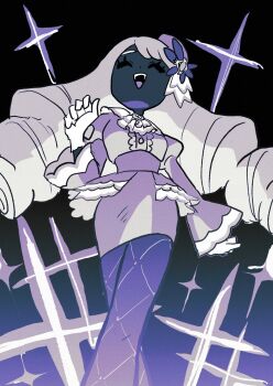 1girl artist_request ascot big_hair closed_eyes closed_mouth dark-skinned_female dark_skin dress fascinator frilled_ascot frills from_below glove_bow gloves gold_ring hair_ornament heart highres jacinthe_(pokemon) juliet_sleeves long_hair long_sleeves low_drills mega_stone nintendo open_mouth pokemon pokemon_legends:_z-a puffy_sleeves purple_dress simple_background smile solo very_dark_skin very_long_hair white_gloves