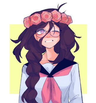 alternate_costume alternate_hairstyle blush braid collared_shirt commentary danganronpa:_trigger_happy_havoc danganronpa_(series) docochocart english_commentary eyelashes fukawa_toko glasses hair_between_eyes head_wreath highres long_hair long_sleeves neckerchief nose_blush nostrils one_eye_closed pink_neckerchief purple_eyes purple_hair round_eyewear shirt simple_background single_braid sweatdrop teeth upper_body white_shirt