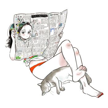 1girl black_eyes black_hair blush cat cat_day colored_skin crossed_legs emamemamo33 fingernails full_body hair_pulled_back highres holding holding_newspaper iridescent_hair midriff nail_polish navel newspaper original panties ponytail red_nails red_panties shirt signature simple_background sitting sleeping soles solo striped_clothes striped_shirt tied_shirt toenail_polish toenails toes underwear white_background white_skin