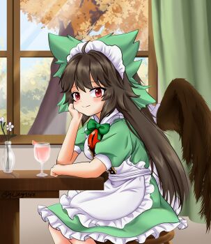 1girl ahoge alternate_costume apron blush bow bowtie brown_hair brown_wings closed_mouth commentary_request cowboy_shot cup curtains day dress enmaided feathered_wings flower frilled_apron frilled_dress frills green_bow green_bowtie green_dress hair_bow hand_on_own_cheek hand_on_own_face highres indoors long_hair looking_at_viewer maid puffy_short_sleeves puffy_sleeves qi_lang3568 red_eyes reiuji_utsuho short_sleeves smile solo stool third_eye touhou tree vase white_apron white_flower window wings