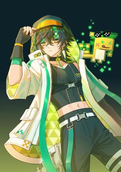 Rule 34 | 1boy, :p, absurdres, ajaw (genshin impact), alternate costume, belt, black choker, black gloves, black hair, black hood, black pants, black shirt, choker, crop top, earrings, fingerless gloves, genshin impact, gloves, green eyes, green hair, green headband, hair between eyes, headband, highres, hood, hood up, jacket, jewelry, kinich (genshin impact), liu (erzplubdduik93g), long sleeves, male focus, midriff, multicolored hair, navel, neck tattoo, pants, shirt, short hair, solo, streaked hair, tattoo, tongue, tongue out, white belt, white jacket