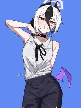 bare_shoulders black_choker black_hair black_shorts blue_archive blue_background chainsaw_man choker collarbone collared_shirt commentary crossover demon_wings grenade_pin hair_bun halo highres kayoko_(blue_archive) looking_at_viewer manli multicolored_hair open_mouth red_eyes reze_(chainsaw_man) shirt shorts simple_background sleeveless standing two-tone_hair white_hair white_halo white_shirt wings