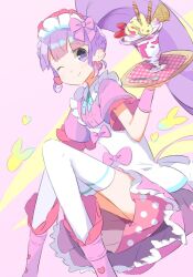 Rule 34 | 1girl, bad id, bad twitter id, blunt bangs, boots, bow, closed mouth, dress, feet out of frame, hand up, holding, holding tray, knees up, long hair, looking at viewer, maid headdress, manaka non, one eye closed, parfait, pink background, pink bow, pink dress, pink footwear, pretty series, pripara, puffy short sleeves, puffy sleeves, purple eyes, purple hair, short sleeves, side ponytail, sitting, smile, solo, spoon, thighhighs, tray, tulaca (pixiv), very long hair, white thighhighs