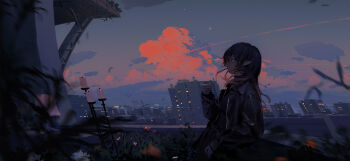1girl absurdres arm_at_side balcony black_hair black_jacket black_shirt building candle candlestand cigarette city city_lights commentary dusk from_side hand_up highres holding holding_cigarette incredibly_absurdres jacket jubot7 long_hair long_sleeves original outdoors pointy_ears profile shirt simple_bird slice_of_life smoking solo standing upper_body