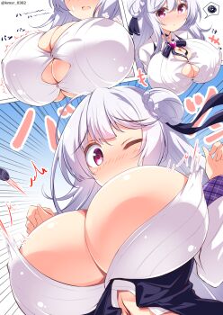 1girl :/ ^^^ ahoge azur_lane blue_bow blush bow bowtie braid braided_bun breast_expansion breasts bursting_breasts button_gap cleavage collared_shirt commission covered_erect_nipples cygnet_(azur_lane) double_bun emphasis_lines female_focus from_below hair_bun hair_ribbon highres huge_breasts impossible_clothes kamishiro_(kmsr0302) long_hair long_sleeves looking_at_viewer motion_lines no_bra one_eye_closed open_clothes open_mouth open_shirt outside_border pink_eyes popped_button ribbon sequential shirt signature skeb_commission sound_effects speech_bubble surprised_arms sweat sweatdrop taut_clothes twitter_username upper_body wardrobe_malfunction white_hair white_shirt wince wing_collar