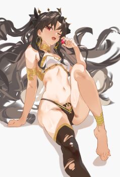 1girl absurdres arm_warmers armlet asymmetrical_legwear asymmetrical_sleeves bikini black_hair breasts detached_sleeves earrings elbow_gloves fate/grand_order fate_(series) gem gloves hair_ribbon highres holding holding_gem hoop_earrings ishtar_(fate) jewelry long_hair long_legs looking_at_viewer miaosu mismatched_bikini navel neck_ring one_eye_closed open_mouth parted_bangs red_eyes red_gem ribbon simple_background single_arm_warmer single_detached_sleeve single_elbow_glove single_thighhigh sitting solo swimsuit thighhighs tiara two_side_up uneven_legwear uneven_sleeves white_background