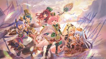 Rule 34 | 6+girls, aizawa kazuha, arm at side, assault lily, battle standard, bird, black cape, black dress, black hairband, black thighhighs, blonde hair, blue eyes, blue gem, blunt bangs, boobplate, boots, bow, breastplate, breasts, brown hair, cape, capelet, chinese clothes, clenched teeth, cloud, commentary request, copyright logo, detached sleeves, dove, dress, evening, falling feathers, feather fan, feathers, fengguan, flag, floating hair, fur-trimmed cape, fur-trimmed capelet, fur-trimmed dress, fur-trimmed sleeves, fur trim, garter straps, gem, gold trim, green boots, green hat, grey hair, guan hat, guanjin, hair ornament, hairband, hand fan, hand up, hands up, hanfu, hat, high ponytail, hitotsuyanagi riri, holding, holding fan, holding hands, holding sword, holding weapon, hosoi mieko, jewelry, jin (headwear), kaede johan nouvel, kon kanaho, logo, long hair, long sleeves, looking ahead, looking at another, looking at viewer, looking to the side, matsumura fuuka, medium breasts, miyagawa takane, multiple girls, official alternate costume, official alternate hairstyle, official art, one side up, open mouth, orange cape, orange dress, outstretched arm, parted lips, pink bow, pink eyes, pink hair, polearm, ponytail, purple eyes, purple hair, ring, short hair, sidelocks, sitting, smile, spear, standing, standing on one leg, sunlight, sword, tassel, tassel hair ornament, teeth, thighhighs, twintails, v-shaped eyebrows, vambraces, very long hair, war flag, wavy hair, weapon, white dress, wide sleeves, yellow capelet, yellow eyes, yellow hat, yuri