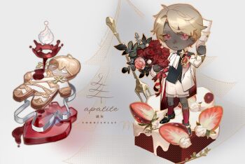 1boy ascot blonde_hair bouquet bow cake chibi chibi_only colored_skin dark-skinned_male dark_skin dated flower food fork frills fruit full_body hair_between_eyes highres holding holding_bouquet liulianjingrua long_sleeves looking_at_viewer male_focus original red_eyes red_ribbon ribbon short_hair signature smile socks solo standing strawberry swept_bangs vest white_ascot