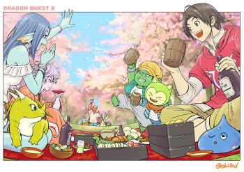 Rule 34 | 4girls, 6+boys, :d, absurdres, angel slime, animal ears, arm up, barefoot, bento, blonde hair, blue skin, border, bottle, bracelet, brown eyes, brown hair, capri pants, cherry blossoms, cherry tomato, closed eyes, colored skin, commentary request, copyright name, cup, day, dragon, dragon quest, dragon quest x, dumpling, dwarf (dq10), ebiten (ebi10d), egg (food), elf (dq10), everyone, fins, fish girl, food, green fur, green skin, grey pants, grin, hanami, hat, head fins, hero (dq10), heroine (dq10), highres, holding, holding bottle, holding cup, hood, hoodie, horns, indian style, jewelry, long hair, looking to the side, monster girl, multiple boys, multiple girls, ogre (dq10), open mouth, outdoors, pants, picnic, pink hair, pink petals, pink skin, pointy ears, profile, puklipo, purple eyes, red hair, red hoodie, red horns, red skin, ring, sakazuki, salad, salad bowl, sandwich, shirt, short hair, sitting, slime (dragon quest), small fry (dragon quest), smile, spiked hair, spring (season), toasting (gesture), tomato, twintails, waving, weddie (dq10), white border, white shirt, widow's peak, yellow hat, yellow skin