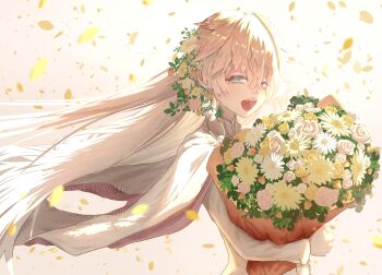 Rule 34 | 1girl, absurdres, blue eyes, bouquet, capelet, commentary request, cybill (snack nili), falling petals, flower, gradient hair, hair flower, hair ornament, highres, holding, holding bouquet, humimaru 35p, long hair, multicolored hair, open mouth, petals, pink hair, snack nili, solo, teeth, upper body, virtual youtuber, white capelet, white flower, white hair, yellow flower, yellow petals