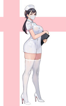 1girl binder black_hair bobobong breasts collared_dress commentary dress english_commentary full_body hair_tie hat high_heels holding large_breasts looking_at_viewer mask medium_hair mouth_mask nurse nurse_cap original pencil_dress pink_background pinup_(style) ponytail red_eyes red_soles shoes short_dress short_sleeves simple_background skindentation solo standing surgical_mask thighhighs thighs uniform white_background white_dress white_hat white_shoes white_thighhighs wide_hips wing_collar zettai_ryouiki