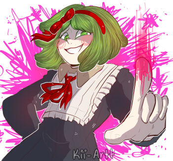 1girl artist_name black_dress blood blood_on_hands blood_splatter blush bow child collar collared_dress danganronpa_(series) danganronpa_another_episode:_ultra_despair_girls dress female_focus green_eyes green_hair hair_bow hair_ribbon hairband hand_on_own_hip hand_on_own_hip headband kii-art long_hair long_sleeves looking_at_viewer looking_down low_angle matching_hair/eyes multicolored_background bowtie neck_ribbon open_mouth pink_background pink_blood red_bow red_hairband red_headband red_headwear red_ribbon ribbon shiny_clothes signature simple_background solo standing teeth towa_monaca upper_body white_background