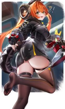 ! 1girl absurdres anger_vein antenna_hair asymmetrical_gloves black_hoodie black_horns black_thighhighs border breasts commentary crossed_bangs curled_horns dragon_girl dragon_horns dragon_tail fang feet fingerless_gloves flying_sweatdrops from_behind gloves green_eyes hair_between_eyes hair_intakes highres hood hoodie horns inset_border leg_up light_blush long_hair long_sleeves looking_at_viewer magus_(zenless_zone_zero) mechanical_horns mechanical_tail medium_breasts mismatched_gloves open_mouth orange_hair orange_pupils orphie_magnusson pointy_ears sidelocks single_fingerless_glove soles solo standing standing_on_one_leg sweat tail teeth thigh_strap thighhighs thighs toes two-sided_gloves upper_teeth_only ushiko_xiansheng very_long_hair white_border yellow_gloves yellow_trim zenless_zone_zero zettai_ryouiki zipper