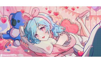 1girl :d absurdres blue_hair blush food frilled_shirt frills hairband heart highres hugging_object korean_commentary looking_at_viewer lying medium_hair mj_(zombie_high_school) mossi_(mossi0816) on_stomach open_mouth pillow pillow_hug pink_eyes pink_hairband shirt shorts smile solo stuffed_animal stuffed_toy teddy_bear twitter_username white_shorts zombie_high_school