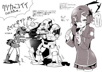 1girl 1other absurdres blue_archive bullet gun haruka_(blue_archive) hat highres kazunari_(likuro137) machine purple_eyes purple_hair school_uniform weapon white_background