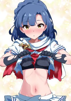 Rule 34 | 1girl, absurdres, black gloves, blue hair, blush, braid, breasts, cape, capelet, clothes lift, commentary request, embarrassed, emblem, fingerless gloves, gauntlets, gloves, highres, idol heroes (idolmaster), idolmaster, idolmaster million live!, idolmaster million live! theater days, looking at viewer, medium breasts, midriff, mighty sailor, nanao yuriko, navel, neckerchief, parted lips, pleated skirt, red neckerchief, sanami (sanami t 38), school uniform, serafuku, shirt, shirt lift, short hair, short sleeves, skirt, sports bra, torn cape, torn clothes, torn shirt, upper body, white capelet, white serafuku, white shirt, white skirt, yellow eyes