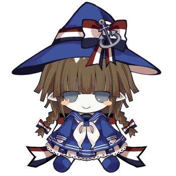 1girl anchor_hat_ornament back_bow blue_sailor_collar blue_shirt blue_shoes blue_skirt blush_stickers bow braid closed_mouth colored_skin doll fumo_(doll) funamusea grey_eyes hat hat_bow hat_ornament highres multicolored_bow neckerchief oounabara_to_wadanohara pleated_skirt pointy_ears sailor_collar sam_(sillylinariafan) shirt shoes simple_background sitting skirt smile solo spanish_commentary twin_braids wadanohara white_background white_neckerchief white_skin witch_hat