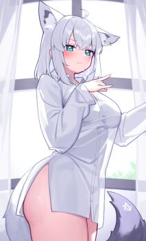 1girl absurdres animal_ears blue_eyes breasts curtains deaver dress_shirt fox_ears fox_girl fox_tail highres hololive long_sleeves medium_breasts naked_shirt pentagram see-through_clothes see-through_shirt shirakami_fubuki shirt solo tail thighs virtual_youtuber white_hair window