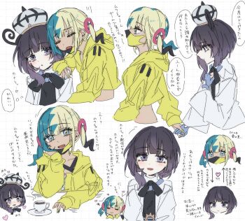 2girls arrow_(symbol) belt black_dress black_hair blonde_hair blue_gloves blue_hair blush bob_cut brown_belt canari_(pokemon) closed_mouth coat commentary_request cup dress gloves gradient_hair grid_background gwynn_(pokemon) hat heart highres holding_hands jacket long_sleeves mask mouth_mask multicolored_hair multiple_girls multiple_views nintendo o-ring o-ring_belt open_clothes open_coat open_jacket open_mouth partially_fingerless_gloves plate pokemon pokemon_legends:_z-a purple_eyes purple_hair sakizome short_hair smile speech_bubble split-color_hair tea teacup translation_request upper_body white_coat yellow_jacket yuri